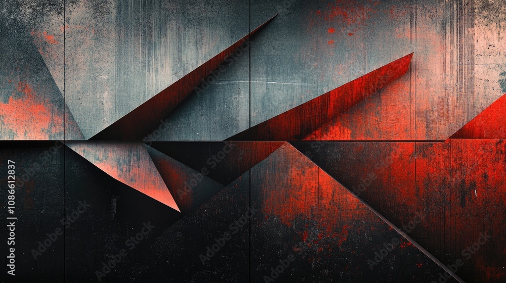 Poster gradient geometric shapes with a metallic texture, layered over a dark background for a futuristic l