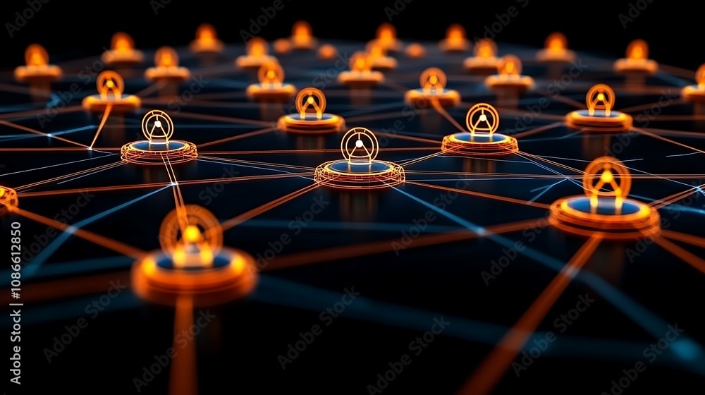 Poster visual representation of a cybernetic network architecture featuring interconnected nodes and lumino