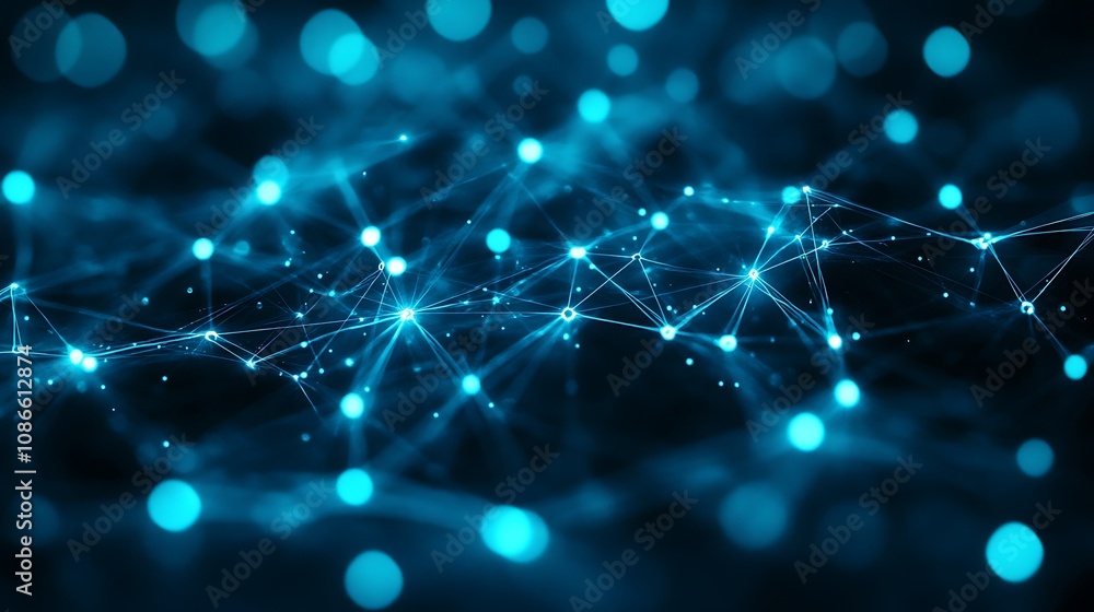 Poster vivid neon lines in blue and green intertwine, creating a dynamic abstract network of light and colo
