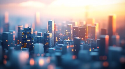 Glowing Pixel Cityscape at Dusk - Futuristic Digital Urban Skyline Panorama