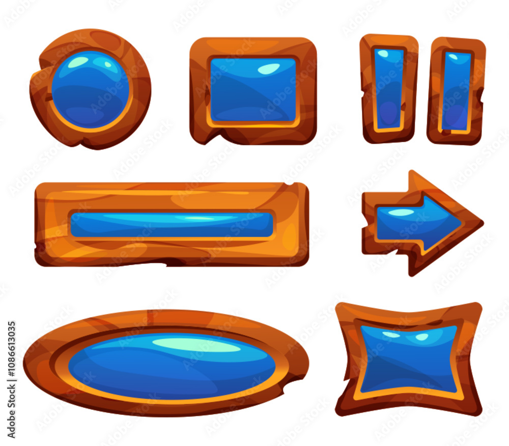 Poster wooden game ui elements with glowing blue crystal inlays. cartoon vector set of navigation buttons, 