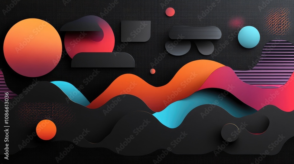 Aufkleber gradient geometric shapes with a metallic texture, layered over a dark background for a futuristic l