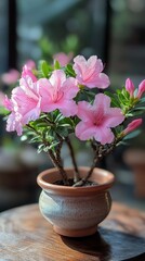 A beautiful blooming azalea in a rustic pot, showcasing delicate pink flowers and vibrant green leaves, perfect for home decor.