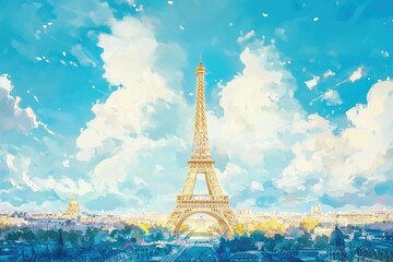 Watercolor Sky with a Towering Structure and Cityscape