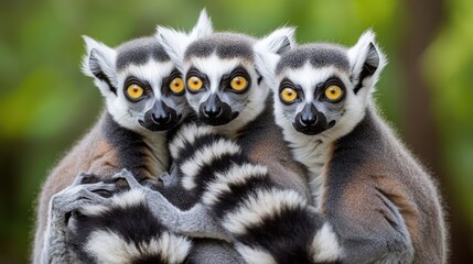 Obraz premium Three Ring-Tailed Lemurs Cuddling Close