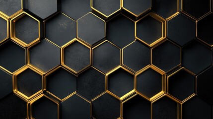 Hexagon grid with metallic gold outlines on a black background, creating a luxurious and elegant feel