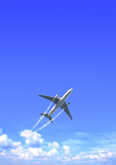 Horizontal nature background with aircraft and Jet trailing smoke in the sky. Airplane and...