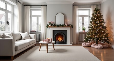 A chic Scandinavian living room with pastel accents, simple tree with pink and white ornaments, and a roaring fireplace. Snow covers rooftops outside.  