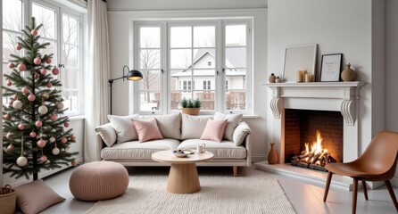A chic Scandinavian living room with pastel accents, simple tree with pink and white ornaments, and a roaring fireplace. Snow covers rooftops outside.  