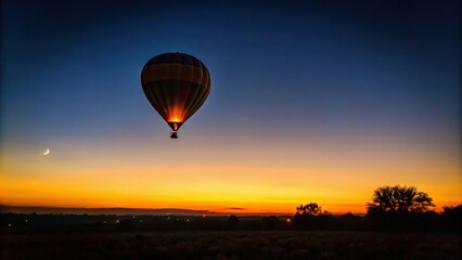 Obraz premium A Single Hot Air Balloon Ascending at Sunset with a Crescent Moon in the Sky