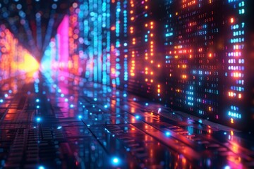 Fototapeta premium Abstract digital code with red and blue glowing lights reflecting on a futuristic surface. AI generative. .