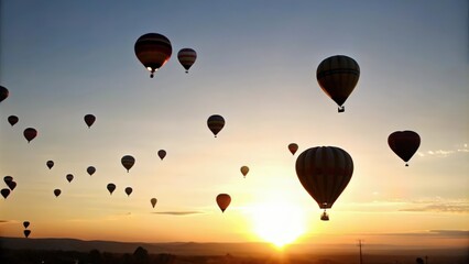 Hot Air Balloons Ascending at Sunrise Over a Landscape