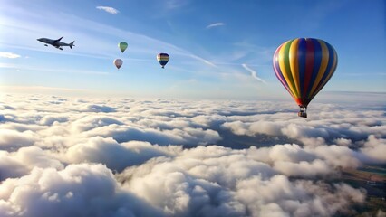Fototapeta premium Hot Air Balloons and Airplane Soaring Above a Sea of Clouds