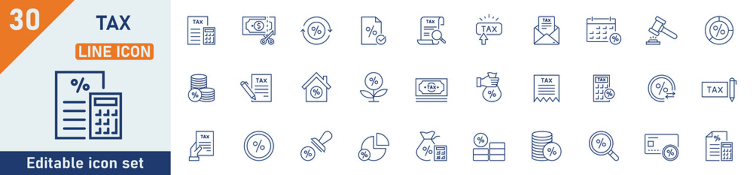 Tax line icon set. Set of 30 outline icons related to tax, payment, taxpayer, tax accounting, VAT, taxation, refund and others. Editable stroke. Vector illustration.