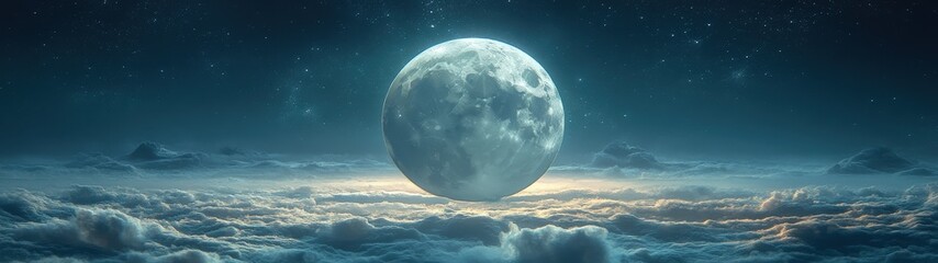 A breathtaking view of a full moon illuminating the sky above soft clouds, creating a serene and mystical atmosphere.