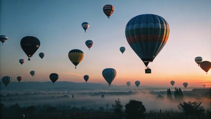 Naklejka premium Colorful Hot Air Balloons Soaring Above a Misty Landscape at Sunrise