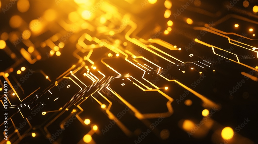 Poster abstract circuitry with glowing golden patterns.