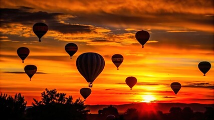 Obraz premium Hot Air Balloons Silhouetted Against a Vibrant Orange Sunset