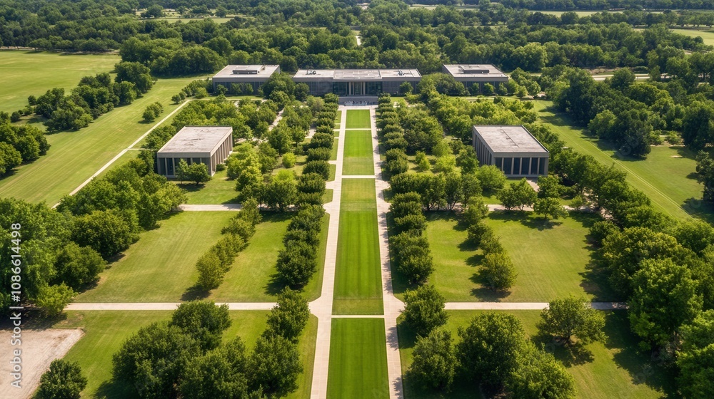 Poster aerial view of a lush, landscaped area featuring symmetrical pathways and buildings, surrounded by g