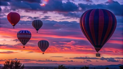 Naklejka premium Hot Air Balloons Soaring Through a Vibrant Sunset Sky