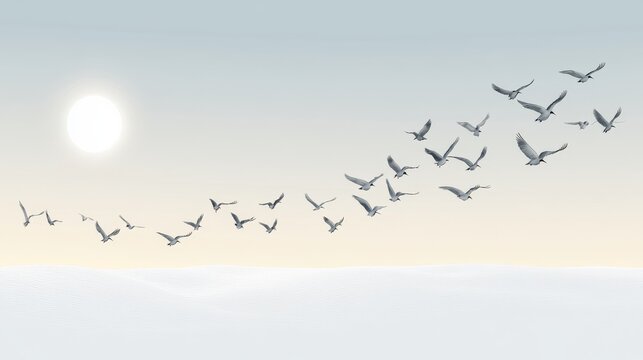 Birds flying under a bright sun at sunset.