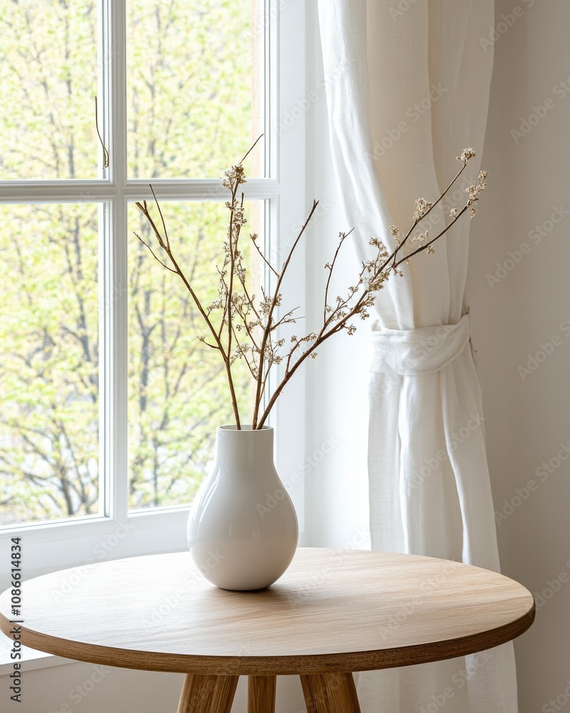 Poster a minimalist scene featuring a white vase with branches on a round table next to a window, with ligh