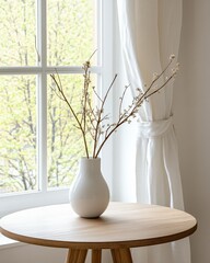 A minimalist scene featuring a white vase with branches on a round table next to a window, with light filtering through sheer curtains.