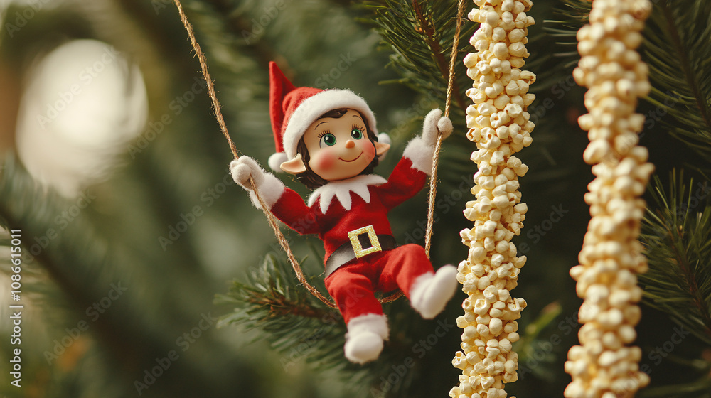 Poster **christmas elf swinging on a string of popcorn garland wrapped around a massive pine tree
