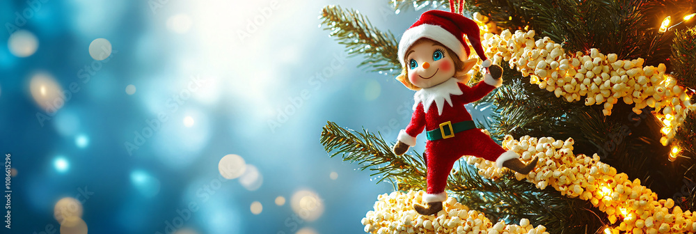 Poster **christmas elf swinging on a string of popcorn garland wrapped around a massive pine tree