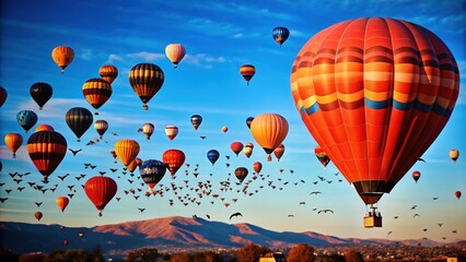 A Large Orange and Blue Hot Air Balloon Soaring Above a Mountain Range
