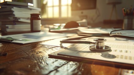 Obraz premium A close up of a stethoscope on a table with papers and a window in the background. AI generative. .