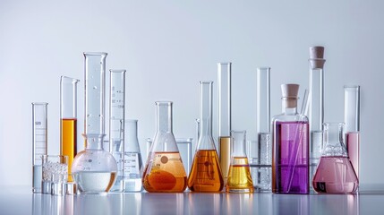 A collection of beakers and flasks filled with different colored liquids on a white surface. AI generative. .