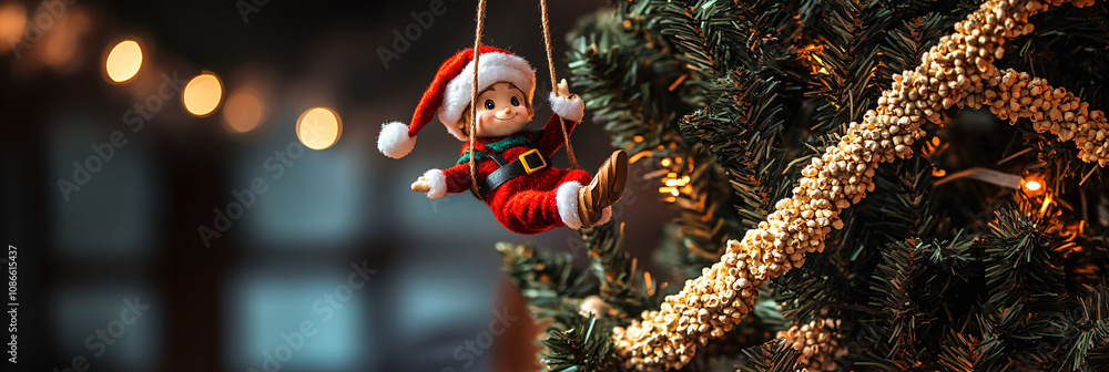 Poster **christmas elf swinging on a string of popcorn garland wrapped around a massive pine tree