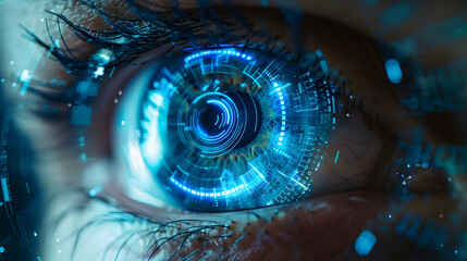 Security access technologyEye viewing digital information represented by circles and signs, background depth of field. Technology concept