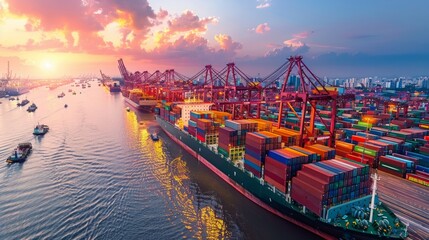 Cargo ship loaded with shipping containers at a harbor. AI generative. .