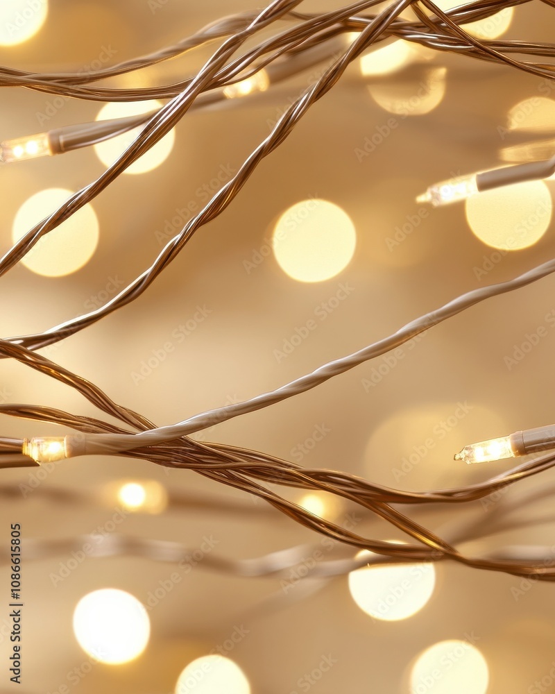 Poster a close-up of glowing fairy lights intertwined, creating a warm and festive atmosphere with a blurre
