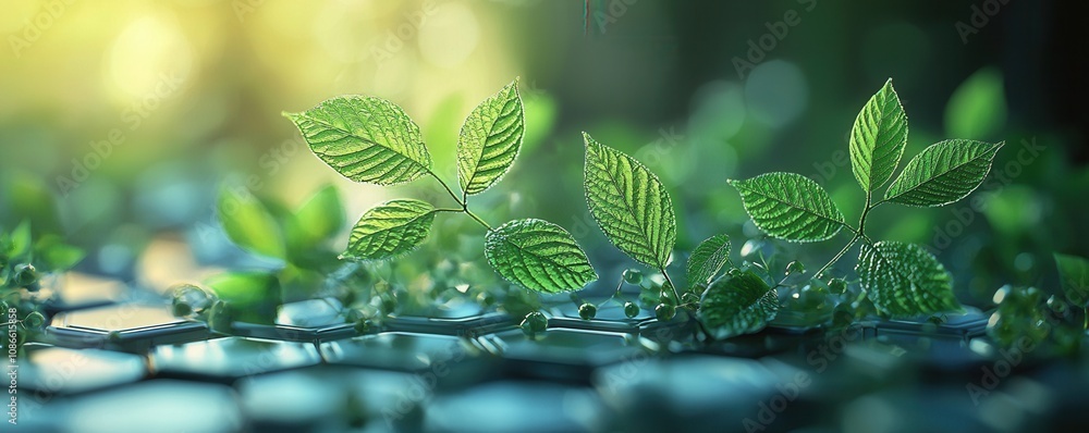 Poster lush green leaves thrive on a textured surface, illuminated by soft light, creating a serene and vib