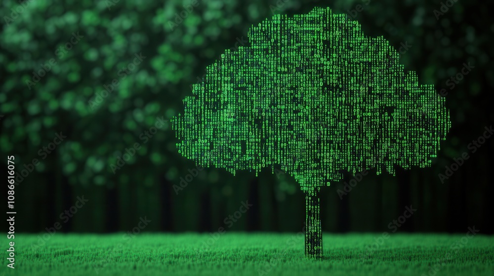 Aufkleber a digital tree made of green binary code stands out against a blurred forest background, symbolizing