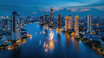 Naklejka premium Vibrant River View of Cityscape at Dusk