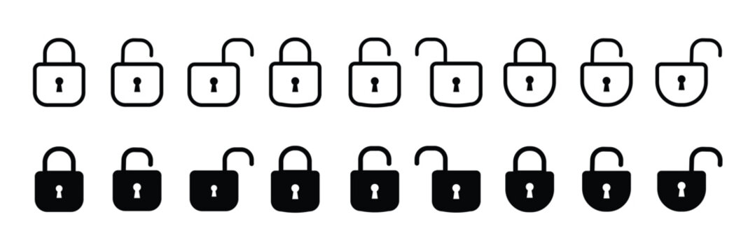Lock icon collection. Locked and unlocked black line icon set. Flat security symbol.