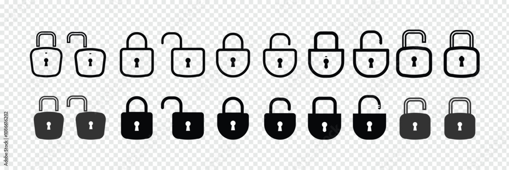 Poster lock and unlock vector icon set. lock padlock open, close symbol isolated on transparent background.