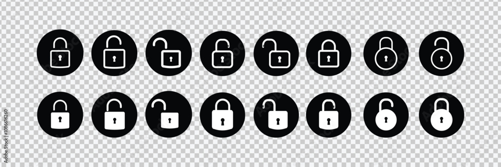Poster lock and unlock vector icon set. lock padlock open, close symbol isolated on transparent background.