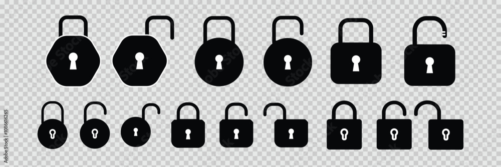 Poster lock and unlock vector icon set. lock padlock open, close symbol isolated on transparent background.