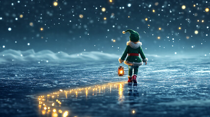 Christmas Elf Walking Across a Frozen Lake, Leaving a Trail of Magical Sparkles with His Glowing Lantern 
