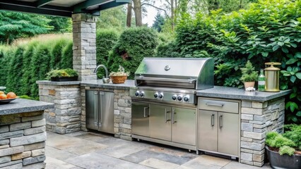 Outdoor Kitchen with Stainless Steel Appliances and Stonework