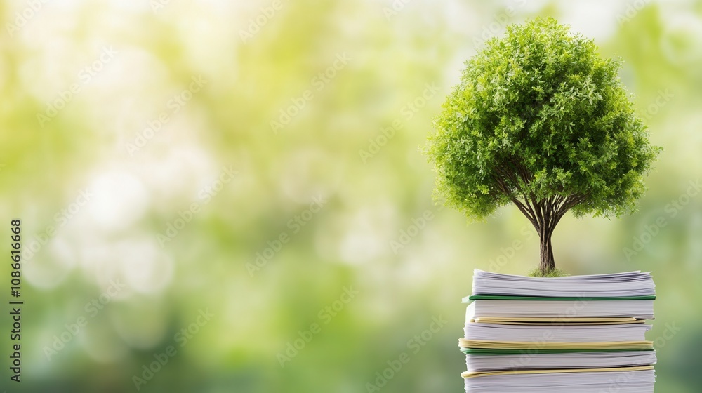 Poster a small green tree grows from a stack of books, symbolizing knowledge and environmental awareness in
