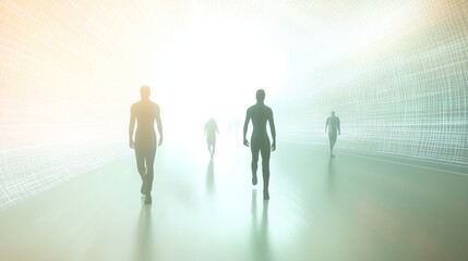 Fototapeta premium Silhouettes walking towards a bright light