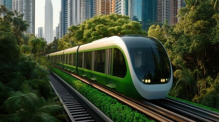 Naklejka premium A modern green train travels through a lush urban landscape, blending nature with city life, showcasing eco-friendly transportation.