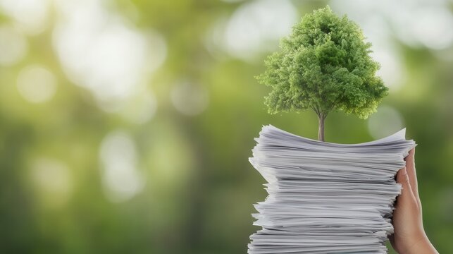 A hand holds a stack of papers with a small tree growing from the top, symbolizing environmental awareness and sustainability.