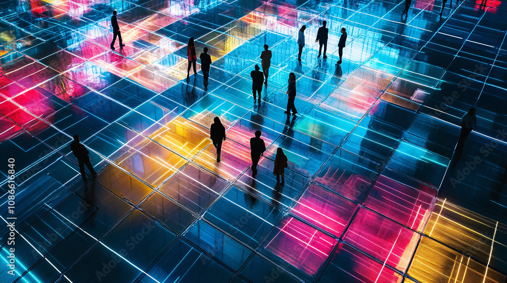 Poster colleagues walking across a grid of vibrant platforms, highlighting the complexity and structure of 